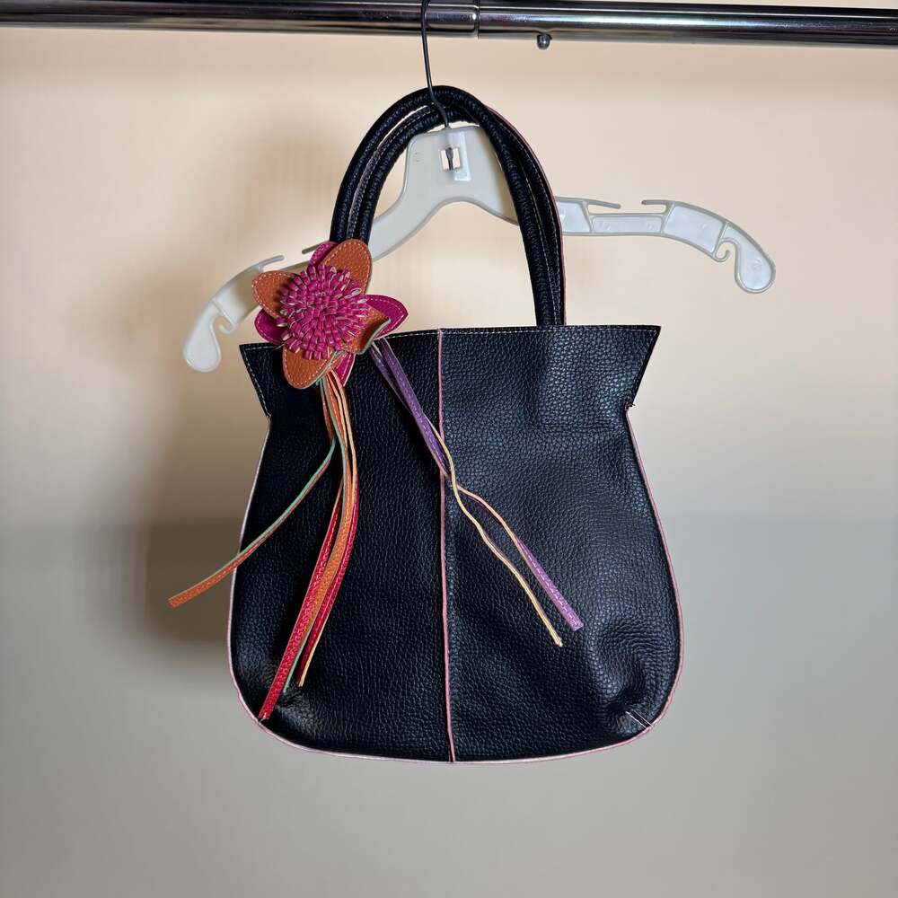 VTG Y2K Mellow World Black Vegan Leather Handbag Floral Tassel Accent